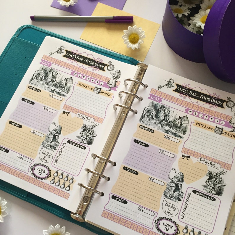 May include: An open planner with a teal cover and silver rings. The pages are decorated with Alice in Wonderland illustrations and text that says "Alice's Daily Food Diary". The planner has sections for "Breakfast", "Lunch", "Dinner", "Snack", "Fitness and Health", and "Shopping List".