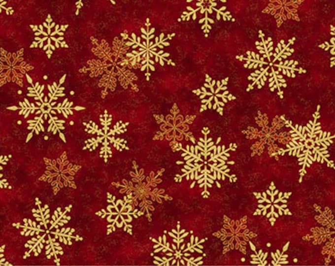 Northcott - Shimmer Frost - Large Snowflake - Red - Snowflake -  24195M-26 - Gold Metallic - Sold by Yard