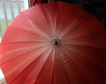 Coral Parasol: Early Acetate, Lucite Handled Umbrella/Parasol 1920s