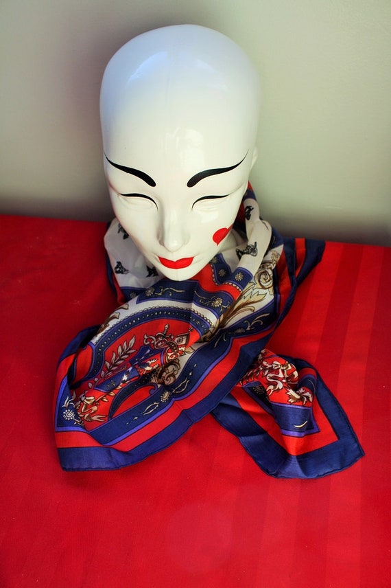 Silk Scarf: Scarlet, Navy and White Silk Head/Nec… - image 1