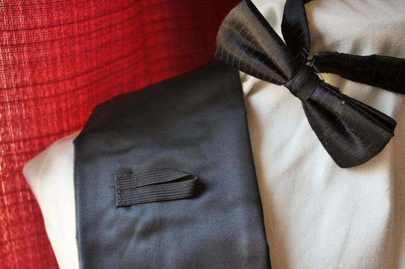 Made in England 1960s FormalWedding Black Shot Satin Acetate Cummerbund and Bowtie Set Bow Tie Set