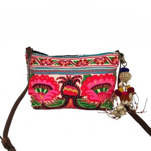 Hmong Embroidered Crossbody Bag, Colourful Purse for Girls, Festival Bag for Women, Handmade Pompom Charm