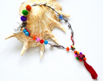 Unique Mini Pompom Necklace with Red Tassel, Boho Summer Beach Festival Hippie Jewellery