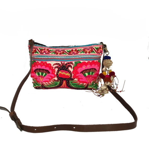 Embroidery Sling Crossbody Bag with Pompoms Embroidery Sling Crossbody Bag with Pompoms
