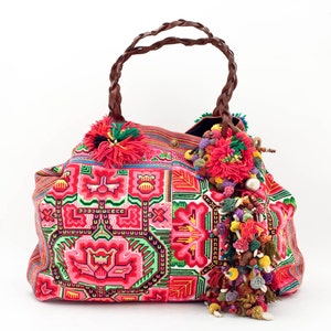 Floral Hmong Embroidered Shoulder Bag, Summer Festival Hippie Boho Purse, Vintage Thai Tribal Purse, Diaper Bag, Beach Bag, Travel Bag