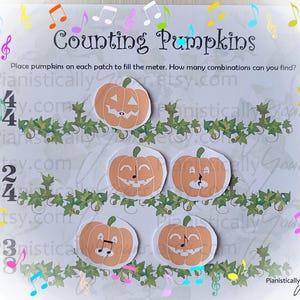 Puede incluir: Una actividad de conteo imprimible con cinco calabazas naranjas con diferentes expresiones faciales. El texto "Counting Pumpkins" está en la parte superior de la página. El texto "Place pumpkins on each patch to fill the meter. How many combinations can you find?" está debajo del título.