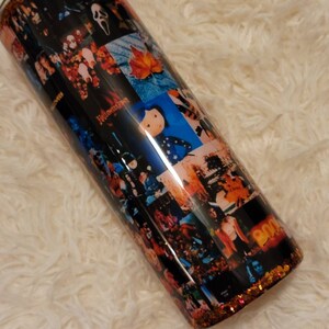Spooky Season Fall and Halloween printed Collage on a glittered 20 oz skinny tumbler RTS for Halloween