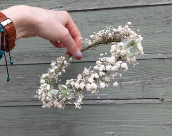 Mixed gypsophila & eucalyptus flower crown