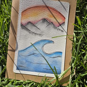 Couché de soleil. Sun and wave. Peinture , aquarelle, watercolor, carte de voeux