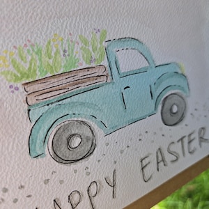 Easter truck. Pâques, peinture , aquarelle, watercolor, carte de voeux