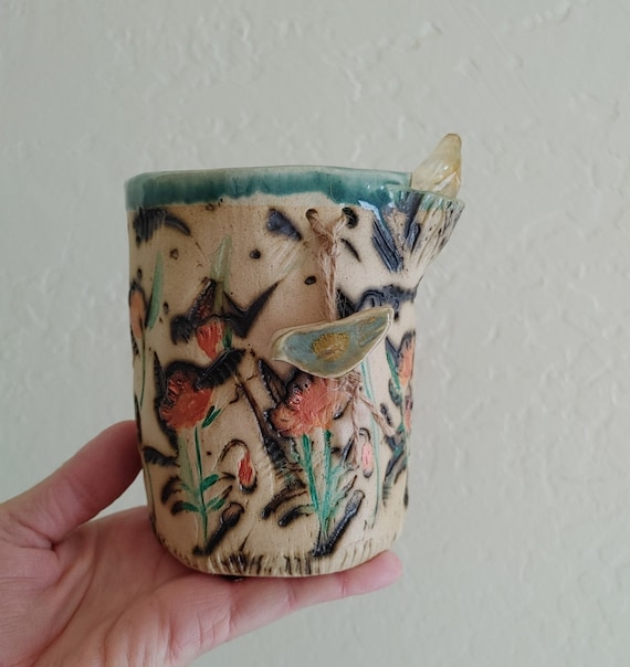 Pottery Vase/Cup with Poppies and Crystal