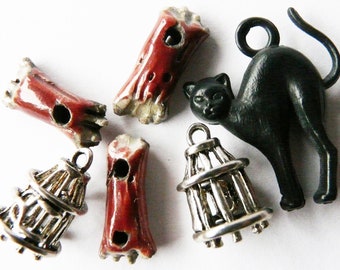 Lot charms and ceramic beads Halloween, kit adornment witch raku, 2 metal cages and 1 black cat, charms red blood, artisanal, DIY