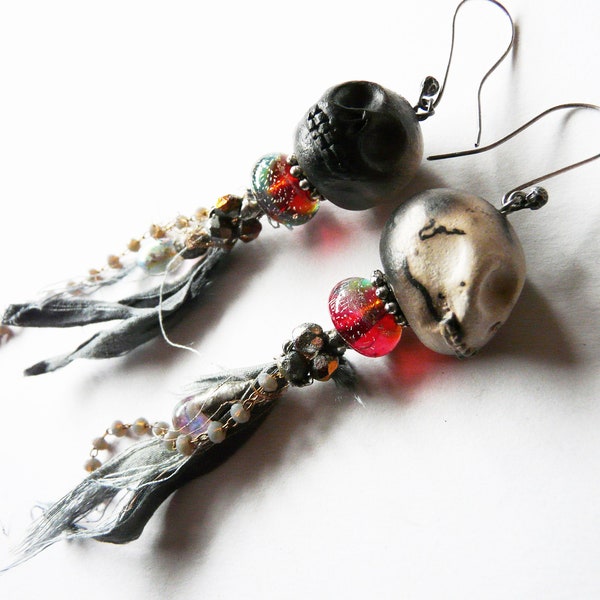 Freaky and galactic raku ceramic skull earrings in spun glass and silk 925 silver hooks, Frida Khalo or Halloween style