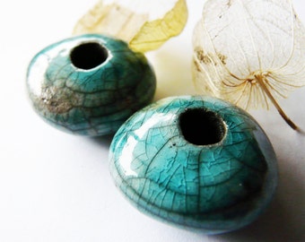 Très grosses perles céramique raku bleu turquoise  raku émaillées, style rustique, forme beignet craquelé, fait main, unique, artisanal