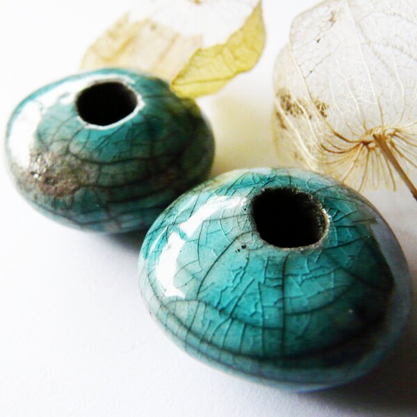 Très grosses perles céramique raku bleu turquoise  raku émaillées, style rustique, forme beignet craquelé, fait main, unique, artisanal