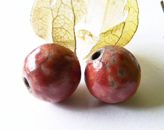 Perles céramique raku émail rustique bordeaux lie de vin, fournitures pour bijou fait main unique, artisanal, boucles d'oreilles DIY
