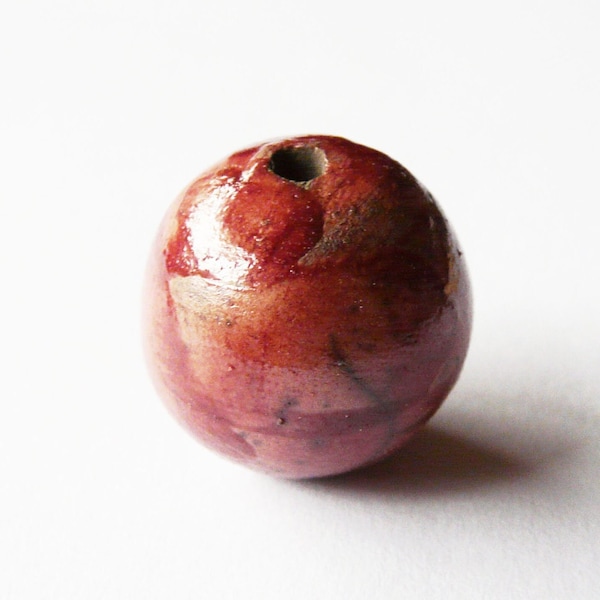 Perle céramique raku focale émail rustique bordeaux lie de vin, fourniture pour bijou fait main unique artisanal, grosse perle boule collier