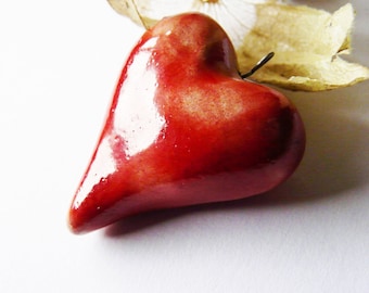 Coeur céramique raku pendentif gros coeur raku émail rouge intense romantique fait main, bijou artisanal saint Valentin unique
