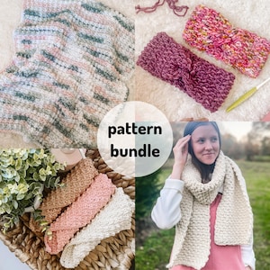 May include: A crochet pattern bundle featuring a scarf, headband, and blanket. The scarf is cream colored, the headband is pink and the blanket is a mix of pink, green and white.
