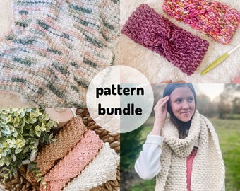May include: A crochet pattern bundle featuring a scarf, headband, and blanket. The scarf is cream colored, the headband is pink and the blanket is a mix of pink, green and white.