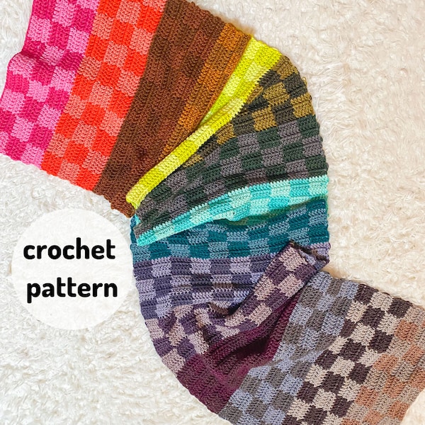 Checkered Scarf PATTERN // Polychrome Checkered Scarf, Crochet Scarf, Colorful Crochet