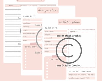 Op de afbeelding: Printbare haakpatroonplanner met secties voor gareninventaris, ontwerpsplan en patroonplan. Het patroonplan bevat secties voor basisinformatie, to-dolijst en patroonoverwegingen. De tekst "Sass & Stitch Crochet" staat op het patroonplan.