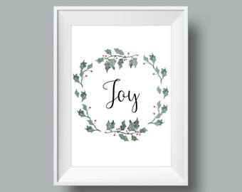 Joy Wall Art / Printable / Holly / Wall Decor / Christmas / Wreath / INSTANT DOWNLOAD