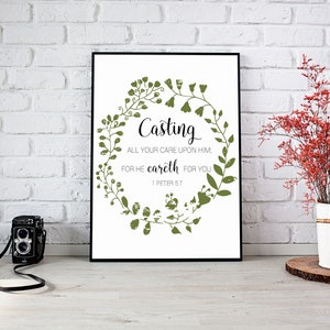 1 Peter 5:7 / Vers Wall Art / Afdrukbaar / KJV / Wall Decor / Bijbelvers / Bloemenkrans / INSTANT DOWNLOAD