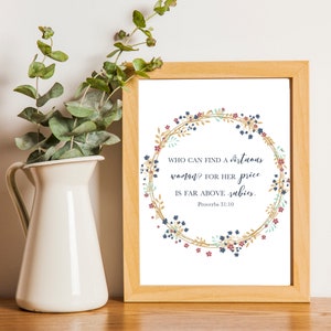 Spreuken 31:10 schriftkunst aan de muur / afdrukbaar / KJV / Moederdag / bijbeltekst / bloemenkrans / INSTANT DOWNLOAD
