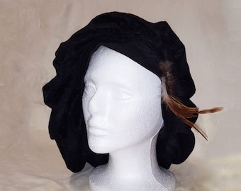 Renaissance-Style Toque (Muffin Hat), Alova Suede with/out Feather - Ideal for Medieval Tudor or Fantasy Cosplay, Custom Size by Request