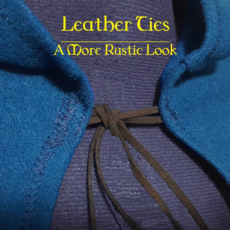 May include: A close-up of a blue fabric garment with brown leather ties. The text "Leather Ties" and "A More Rustic Look" is printed above the garment.