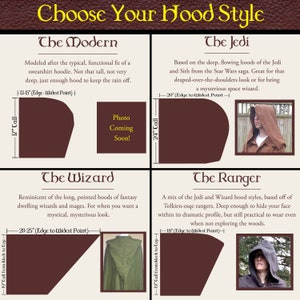 May include: A graphic showing four different hood styles with descriptions and measurements. The styles are: The Modern, The Jedi, The Wizard, and The Ranger.