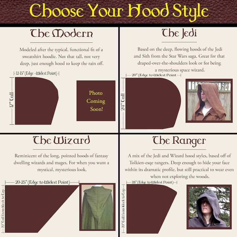 May include: A graphic showing four different hood styles with descriptions and measurements. The styles are: The Modern, The Jedi, The Wizard, and The Ranger.