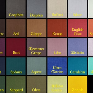 May include: A color chart with 25 fabric swatches, each labeled with a color name. The colors range from black to white, with shades of brown, red, blue, green, and yellow.