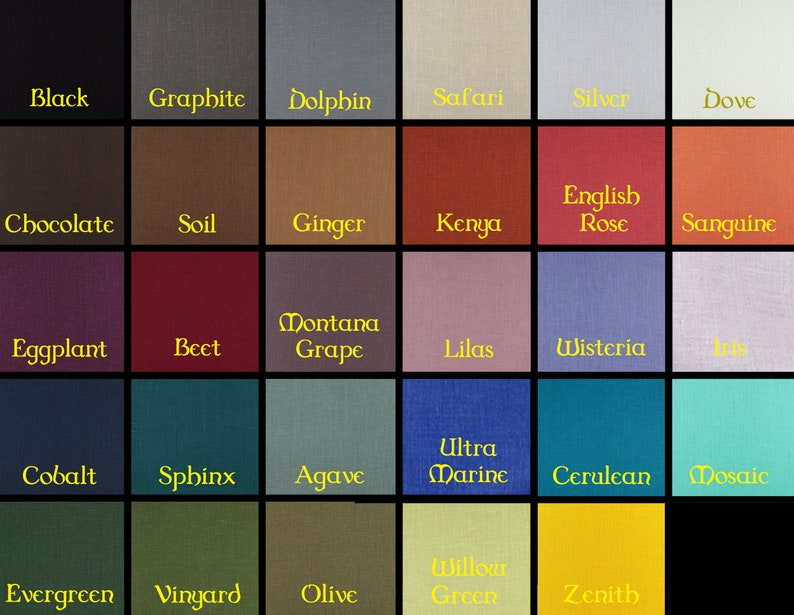 May include: A color chart with 25 fabric swatches, each labeled with a color name. The colors range from black to white, with shades of brown, red, blue, green, and yellow.