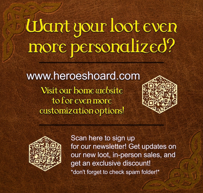K&ouml;nnte beinhalten: Brauner Hintergrund mit goldenem Text: "Want your loot even more personalized?" und "www.heroeshoard.com". Enth&auml;lt einen Aufruf zum Besuch der Website f&uuml;r Anpassungsoptionen und zur Anmeldung f&uuml;r einen Newsletter.