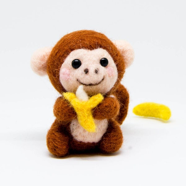 Monkey Banana beginner DIY felting Kit, Wool Felt Needle Craft, handmade animal, feltingwork novice cute gift new white felted art handcraft