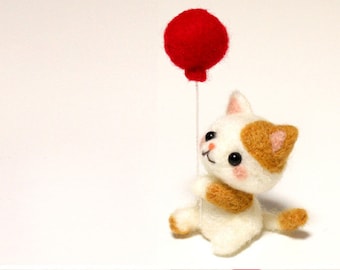 Cat with a balloon - easy wool felting kit for beginners. High quality merino wool and felting tools included. Kitty Balloon Kit - Baarduck