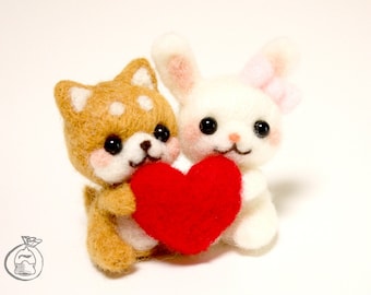 Puppy and Bunny in love with heart gift for mom, needle felting, needle felting kit, wool felt, felt animals, felting, felting wool