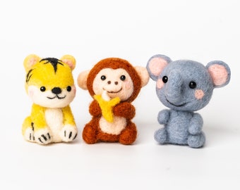 Summer Felting Kit Trio: Felted Elephant, Tiger and Monkey. Suitable for beginners and great gift for craft lovers. Best needle felting kit.