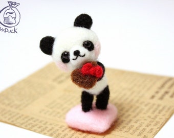 Valentine Panda starter DIY felting Kit with heart and tools // gifts for her // Art project // Wool felted handmade animal // Full set