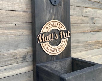 Personalized Rustic Wooden Bottle Opener: Wall-Mounted with Magnetic Catch