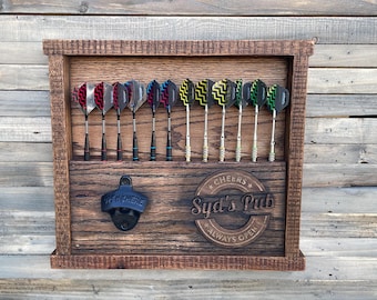 Personalized Dart Holder Bottle Opener: Rustic Reclaimed Wood Bar Decor