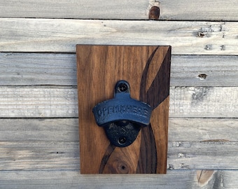 Reclaimed Walnut Magnetic Bottle Opener: Laser Engraved Rustic Wall Art