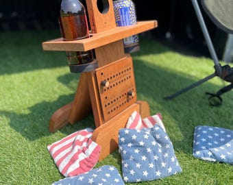 Compact Hardwood Cornhole Scoreboard: Drink Holder & Bottle Opener