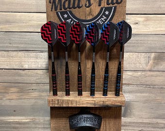 Personalized Rustic Dart Holder Bottle Opener: Wall-Mounted Man Cave Decor