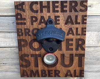 Reclaimed Walnut Magnetic Bottle Opener: Laser Engraved Beer Art