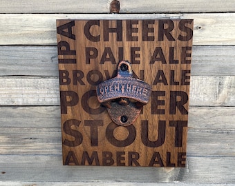 Reclaimed Walnut Magnetic Bottle Opener: Laser Engraved Beer Art
