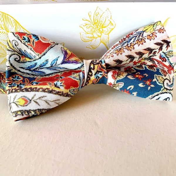 Mens Bowtie, Paisley Bow Tie, Blue with Red Accent Colors,  Boho Chic  Wedding ,  Pre Tied