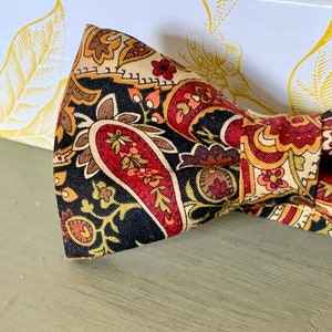 Mens Paisley Bowtie - Black and Red Colors - Classic Bohemian Design - Accents of Green Gold Tan Brown